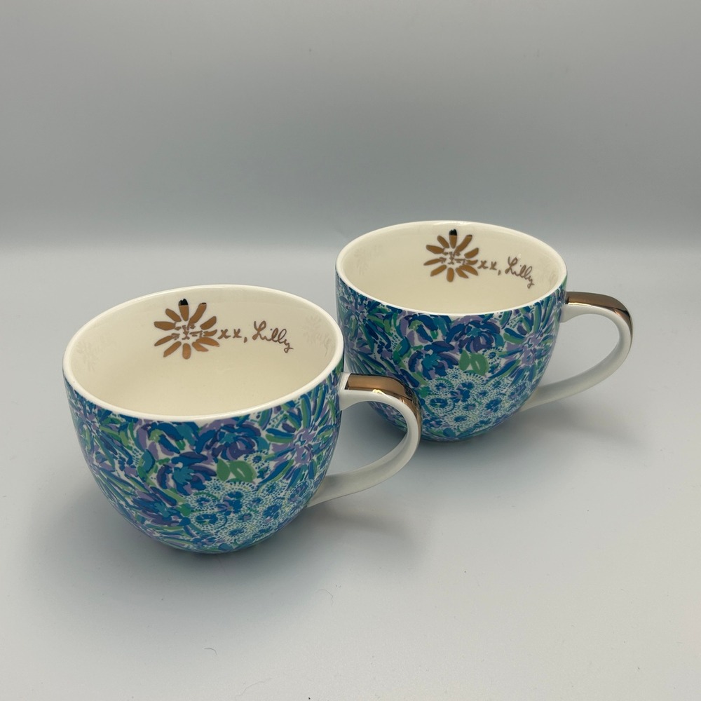 Lilly Pulitzer High Tide Navy Floral Coffee Mug Set Tea Ceramic Blue Flowers